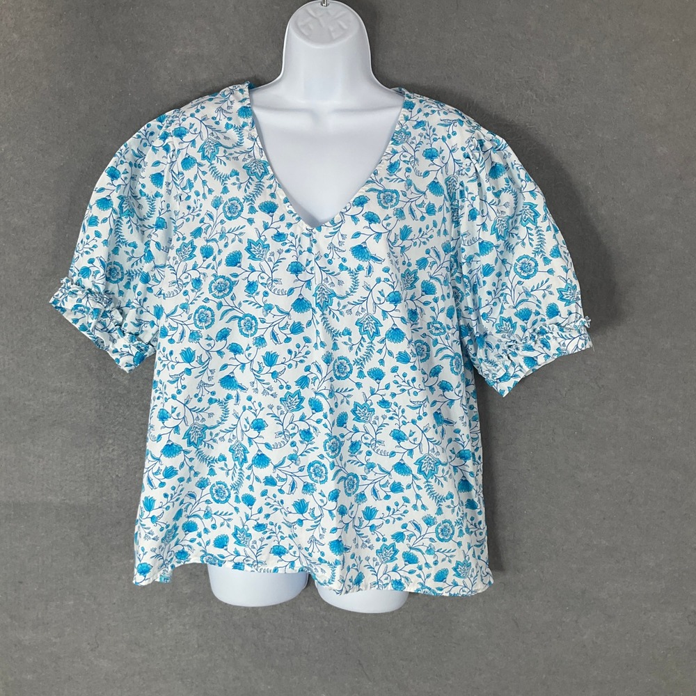 Draper‎ James Top V-Neck Puff Sleeve Blue Floral Blouse XXL Cotton Lightweight